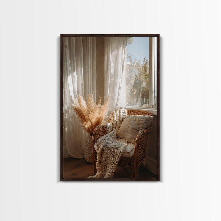 Cozy Wicker Chair And Pampas Grass Wall Art, Neutral Boho Home Decor, Sunlit Bedroom Canvas Print, Housewarming Gift For Her