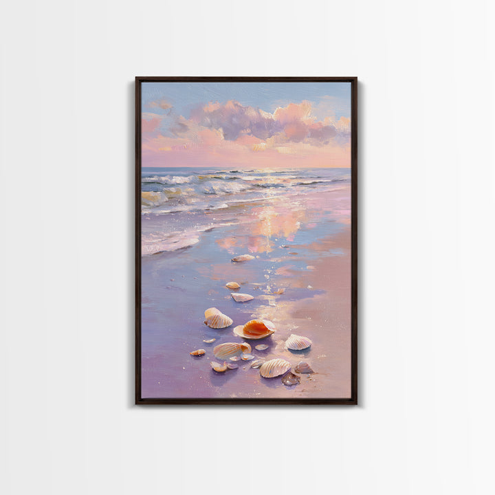 Pastel Seashell Beach Sunset Canvas Print, Coastal Wall Art, Ocean Painting, Beach House Decor, Seascape, Gift For Her, Home Decor