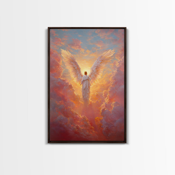 Glowing Angel In Radiant Sunset Sky Symbolic Spiritual Painting Wall Art Framed Canvas Print