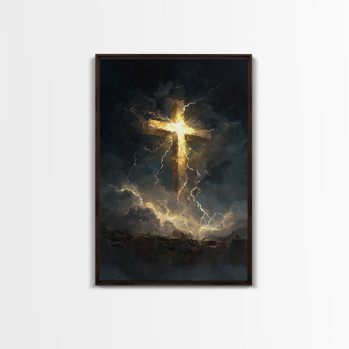 Powerful Cross Illuminated In Stormy Dark Sky Christianity Religious Wall Art Framed Canvas Print