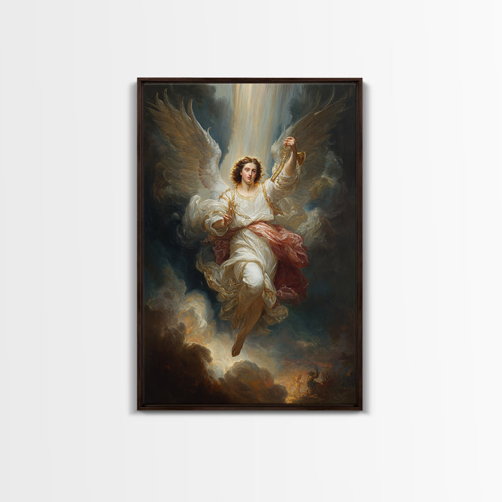 Radiant Angel In White Robes With Gold Accents And Warm Glowing Light - Framed Canvas Print For Home Decor