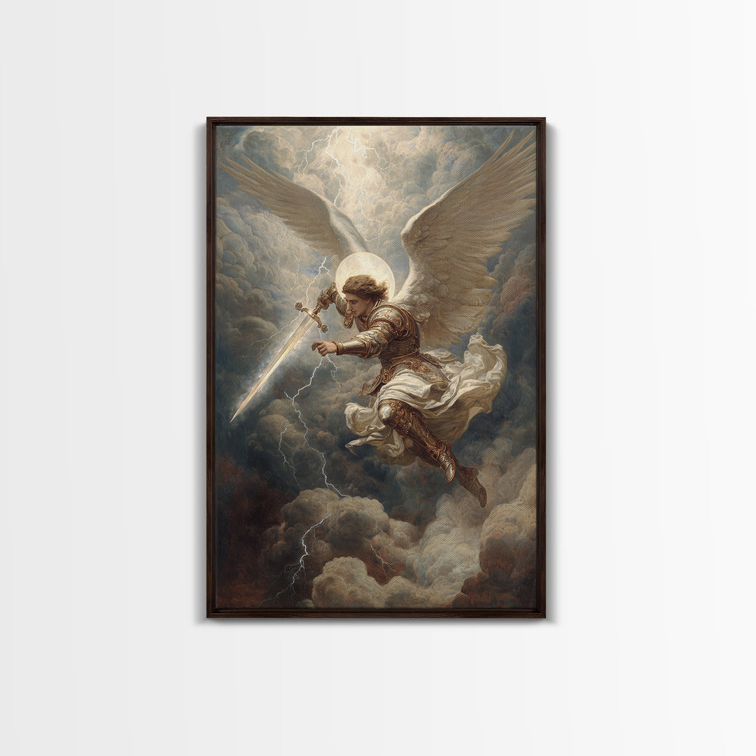 Majestic Archangel With Sword In Stormy Skies Wall Art Framed Canvas Print For Spiritual Home Decor