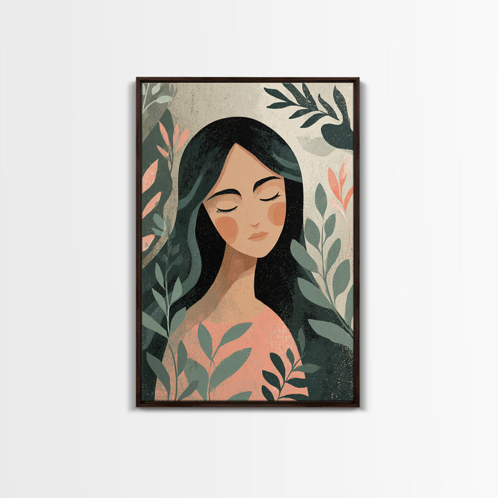 Serene Botanical Woman Portrait Wall Art, Feminine Boho Decor, Modern Illustration Print, Nature Inspired Art, Gift For Her