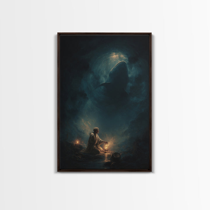 Underwater Dark Shark Illustration Mystical Ocean Scene Moody Wall Art - Canvas Print For Nautical Living Room Decor