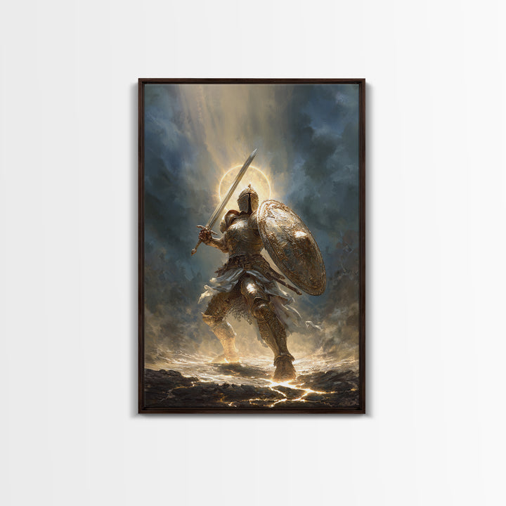 Heroic Knight In Golden Armor Digital Painting Canvas Print Wall Art For Medieval Decor And Fantasy Room Accent