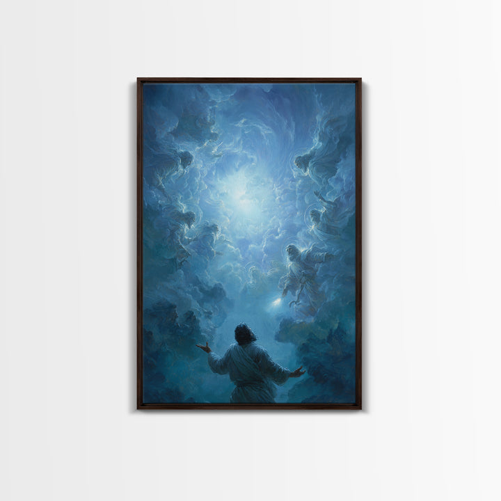 Celestial Encounter With Divine Figures In Blue Sky Spiritual Wall Art Framed Canvas Print For Home Decor