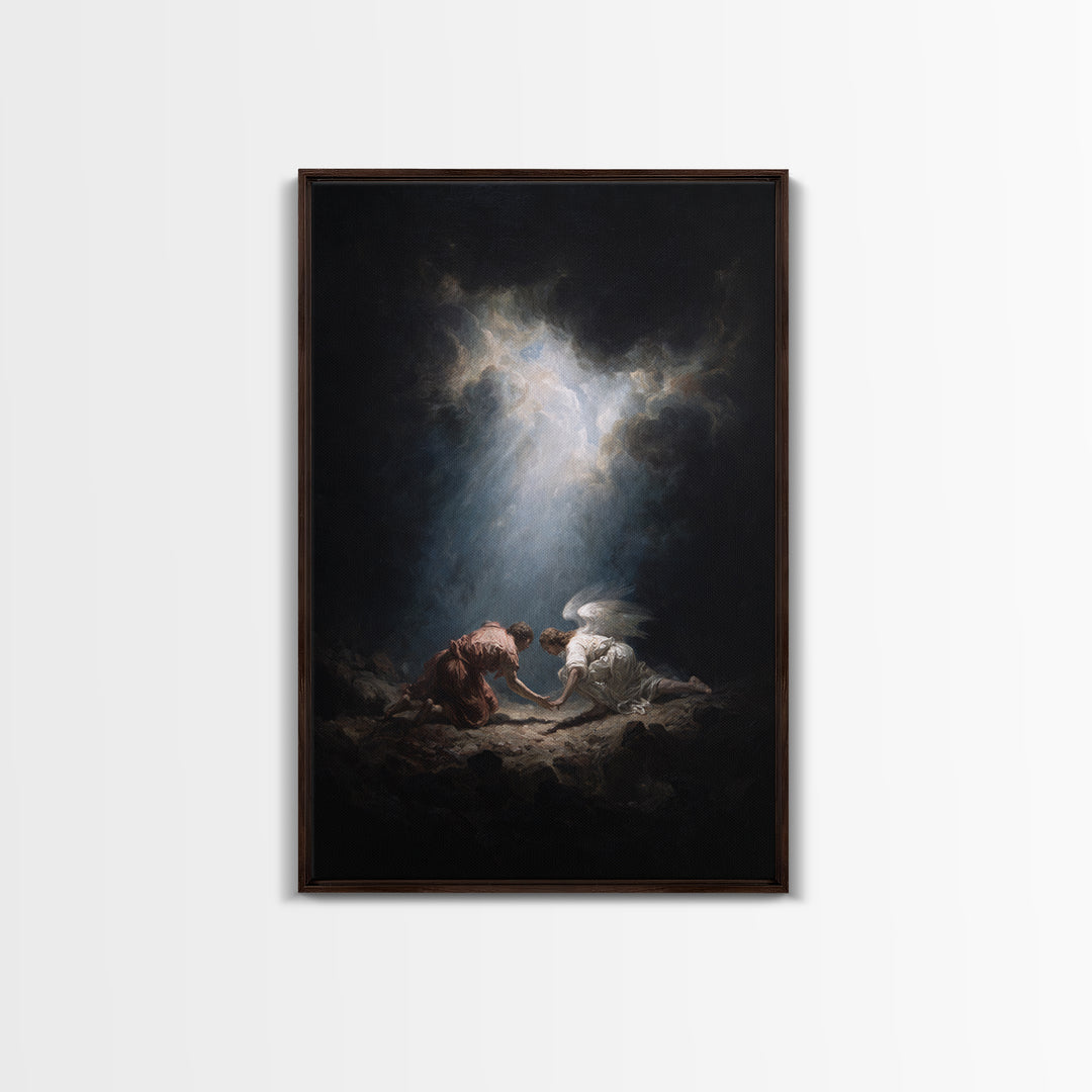 Mystical Religious Scene Angel And Figure In Light Rays Spiritual Wall Art Framed Canvas Print Calming Fine Art For Bedroom Decor