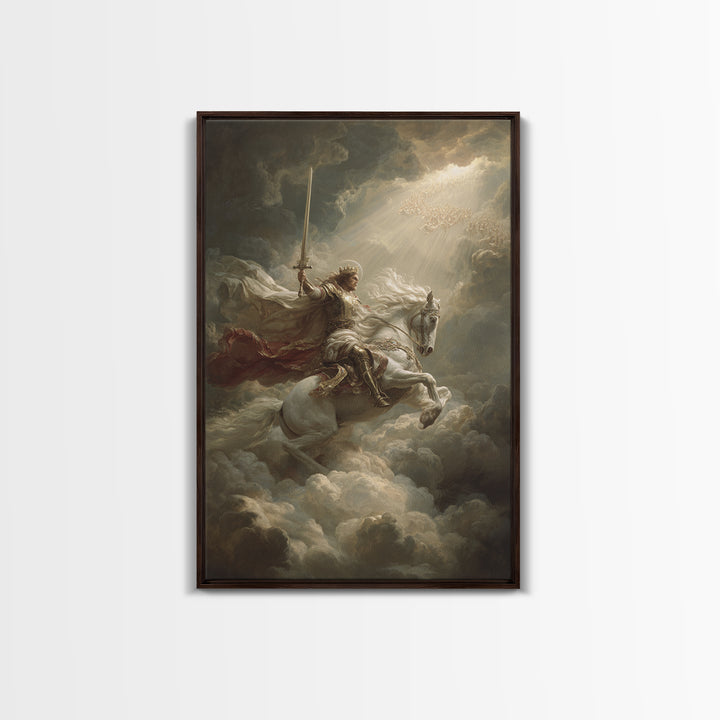 Majestic Knight On White Horse Charging Through Clouds Oil Painting Canvas Print For Romantic Bedroom Decor And Fantasy Art