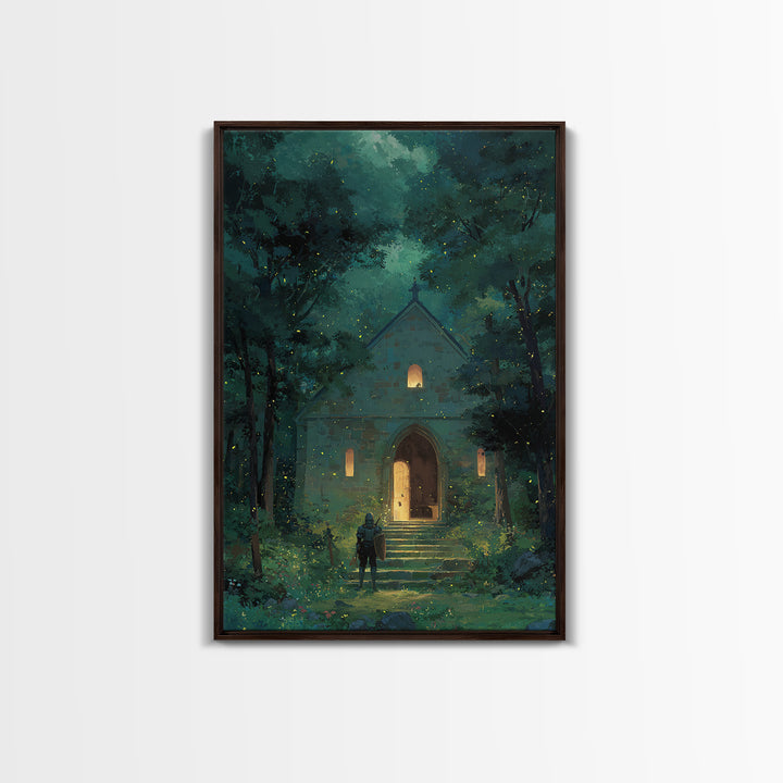 Knight Approaching Enchanted Forest Chapel With Fireflies At Dusk Wall Art Framed Canvas Print For Bedroom Decor
