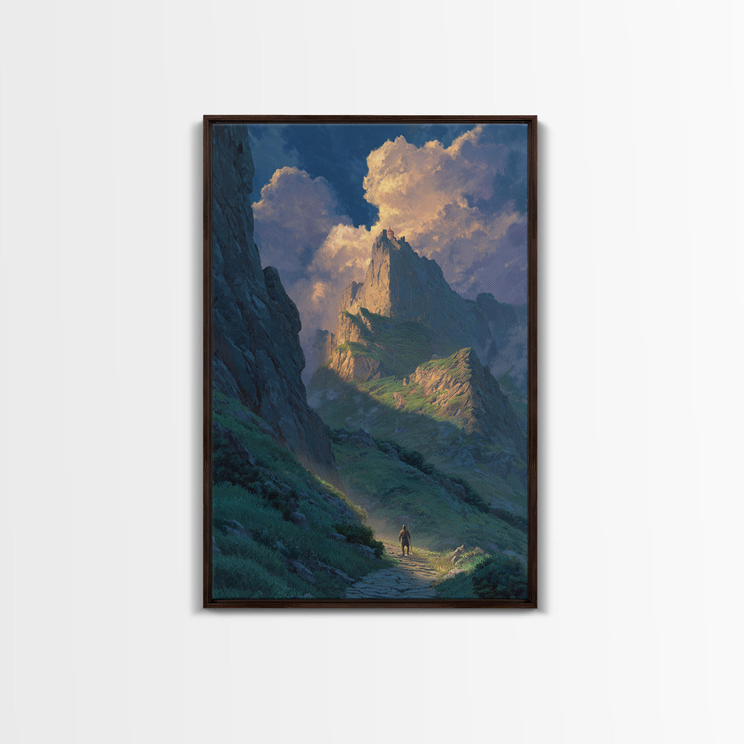 Epic Mountain Landscape With Brave Knight Walking Path Dramatic Sky Fine Art Canvas Print For Living Room