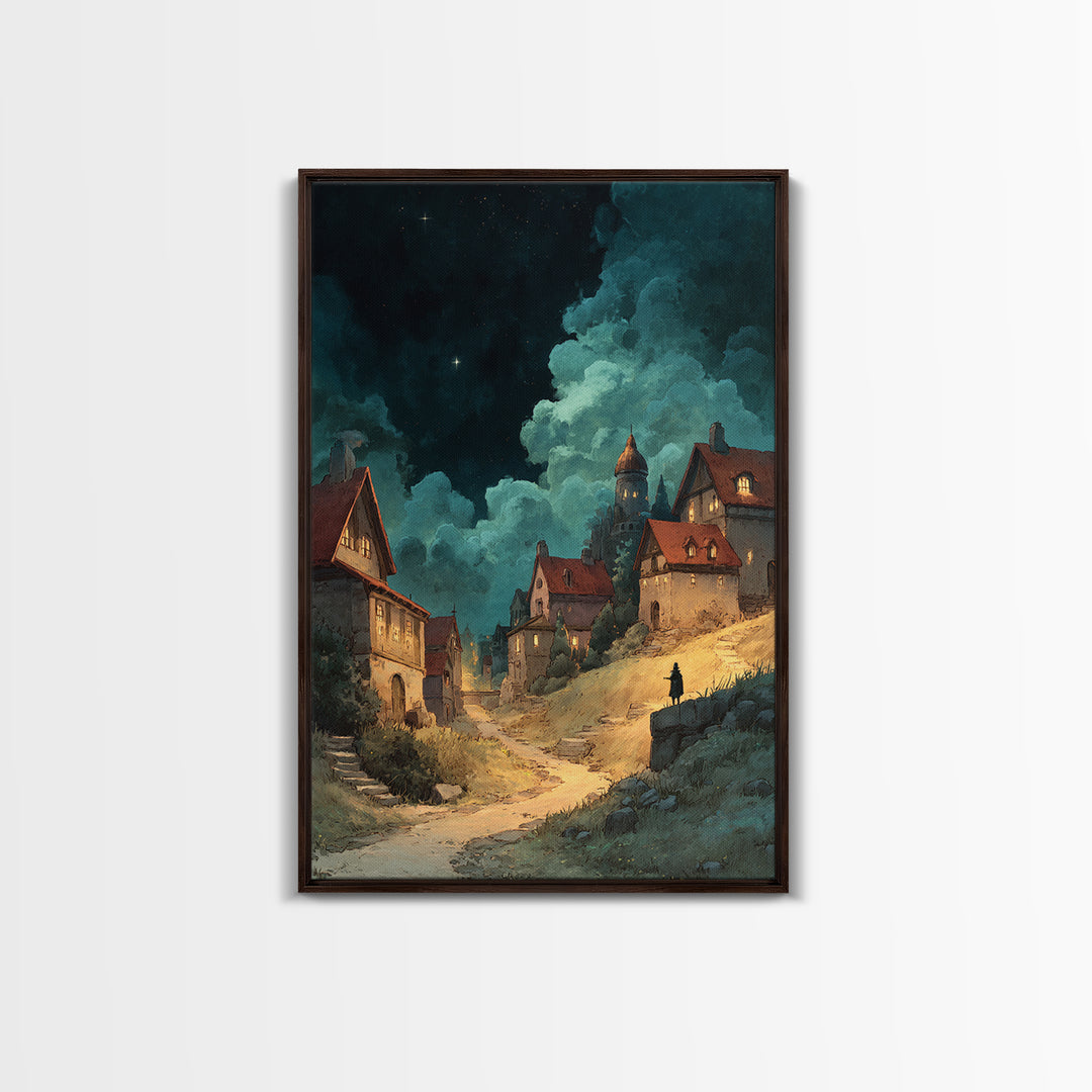 Fantasy Village Landscape With Glowing Lights At Night Framed Canvas Print Large Wall Art For Living Room