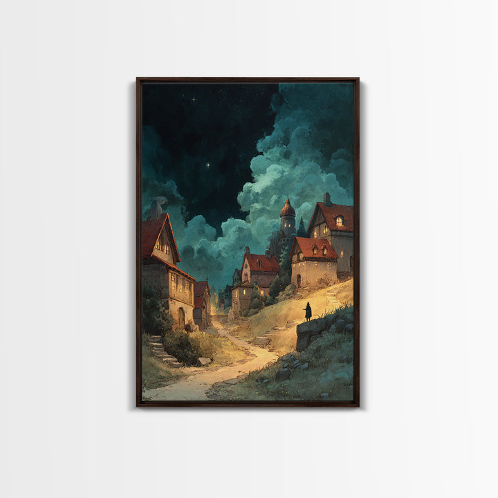 Fantasy Village Landscape With Glowing Lights At Night Framed Canvas Print Large Wall Art For Living Room