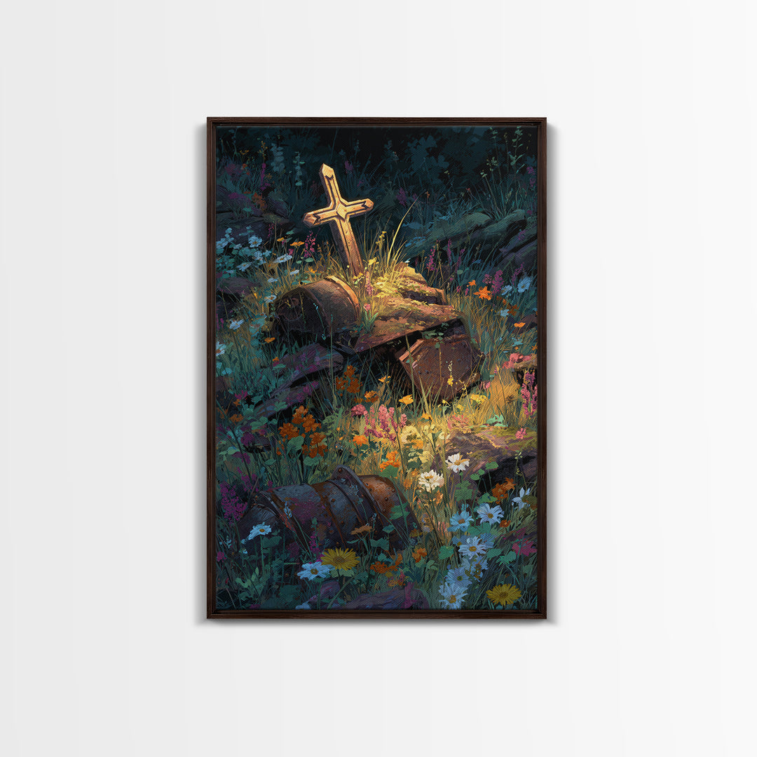 Overgrown Ruins With Flowers Fantasy Landscape Digital Painting Wall Art Canvas Print Unique Nature Inspired Home Decor