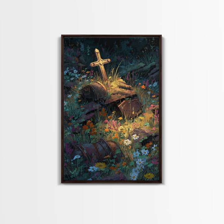 Overgrown Ruins With Flowers Fantasy Landscape Digital Painting Wall Art Canvas Print Unique Nature Inspired Home Decor