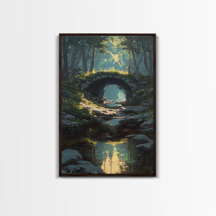 Serene Forest Path Under Stone Bridge With Dappled Sunlight Original Oil Painting Wall Art Framed Canvas Print