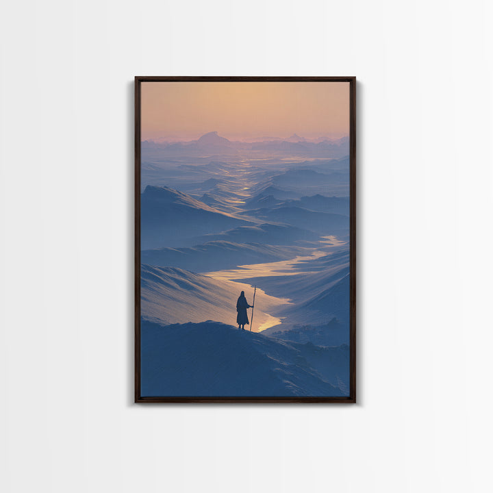 Serene Blue Mountain Landscape With Lone Traveler Canvas Print Tranquil Wall Art Framed Home Decor