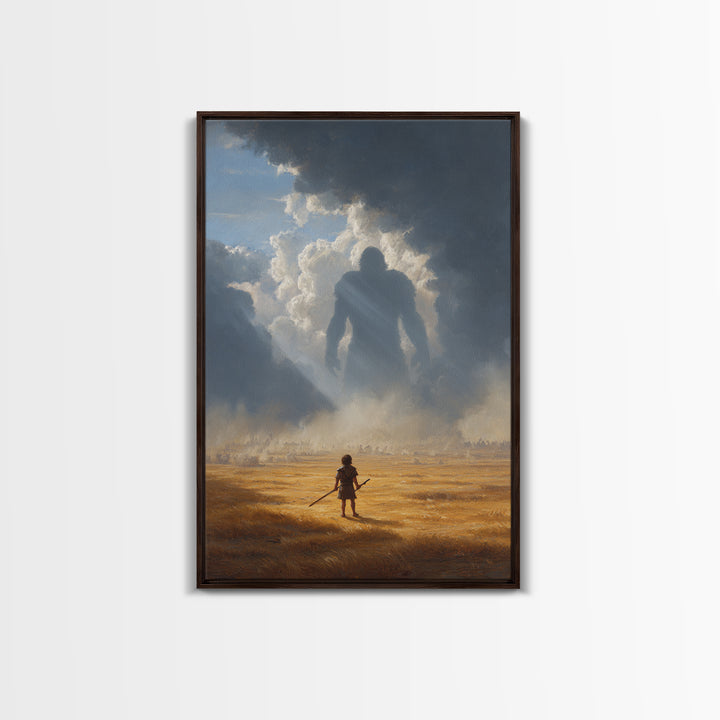 Epic Battle Scene With Warrior Facing Giant Shadow In Dramatic Landscape Wall Art Canvas Print