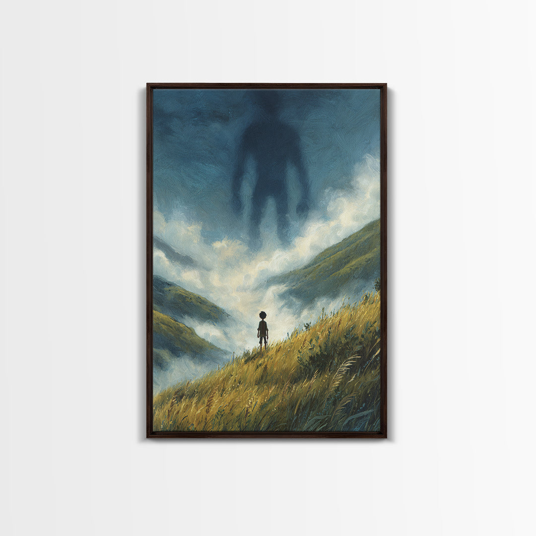 Misty Valley With Lone Boy Facing Giant Shadow Figure Atmospheric Surreal Art Wall Art Canvas Print
