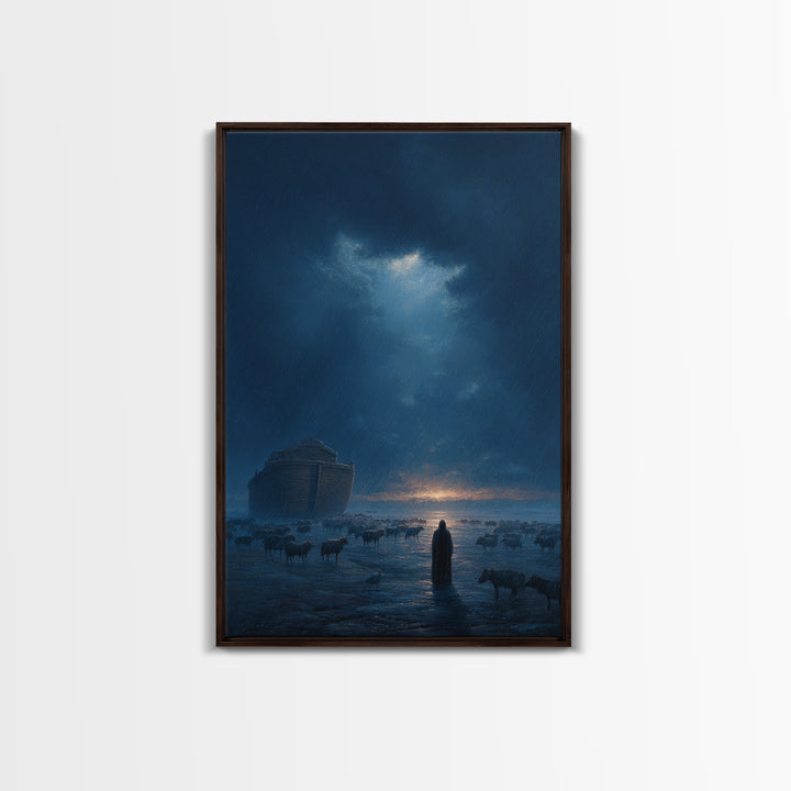 Dramatic Rainy Night With Ark And Shepherd Surrounded By Sheep Wall Art Framed Canvas Print For Home Decor