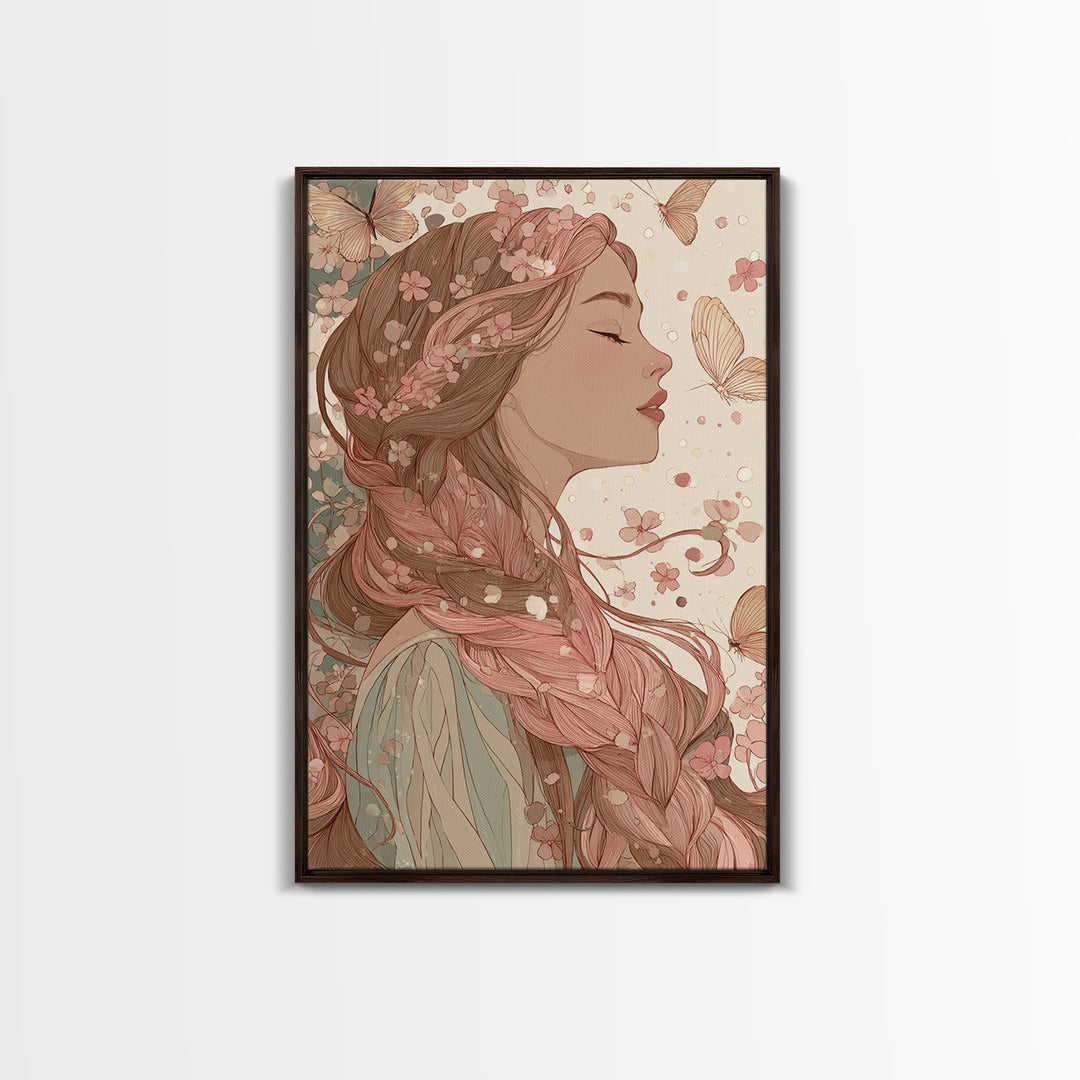 Art Nouveau Woman With Butterflies Framed Canvas Print, Feminine Wall Art, Floral Portrait, Romantic Bedroom Decor, Gift For Her
