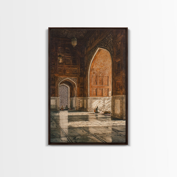 Sunlit Mosque Interior Painting With Intricate Archways Canvas Print Wall Art For Islamic Decor And Spiritual Ambiance