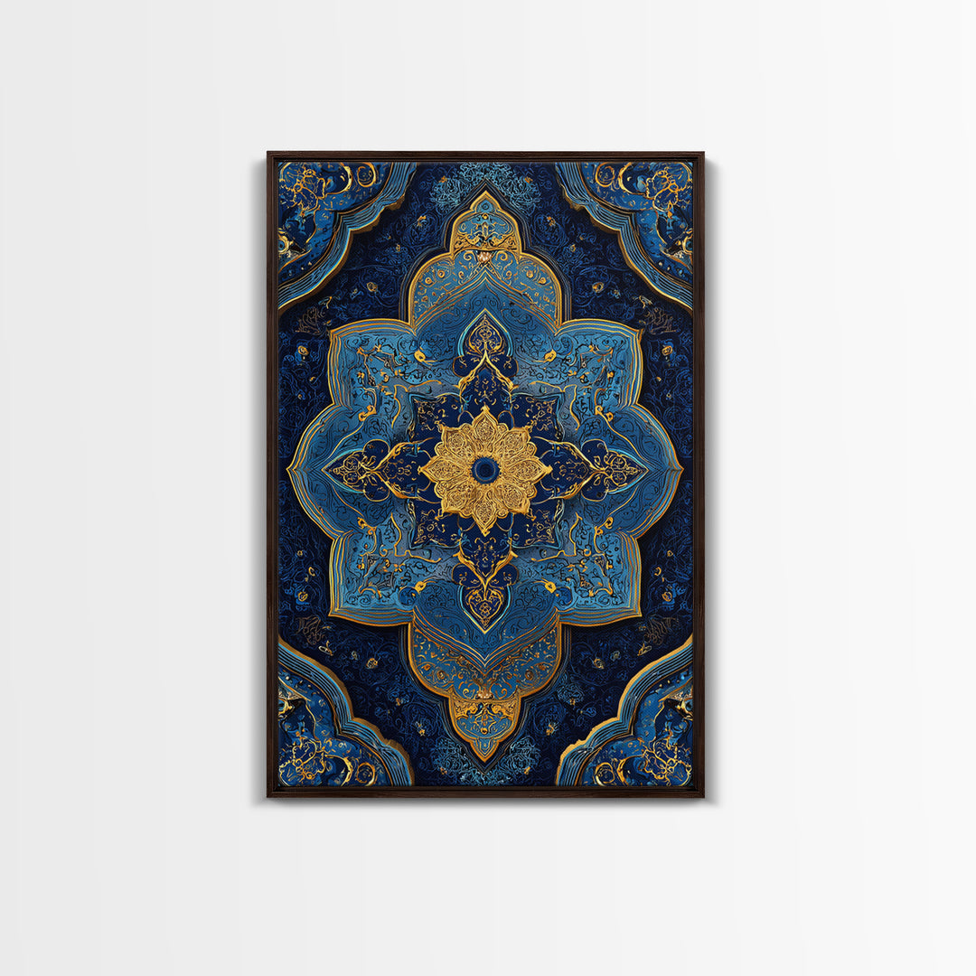 Luxurious Blue And Gold Ornate Mandala Pattern Modern Wall Decor Framed Canvas Print For Elegant Spaces