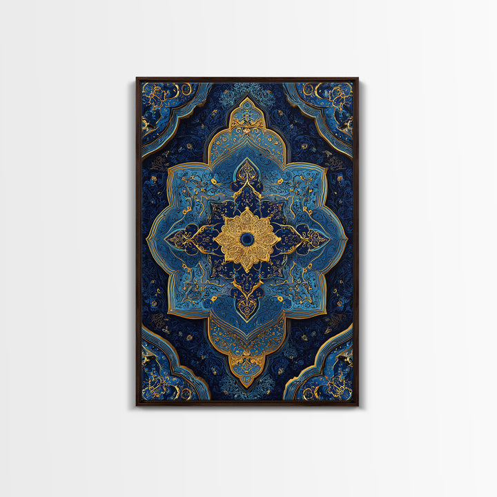 Luxurious Blue And Gold Ornate Mandala Pattern Modern Wall Decor Framed Canvas Print For Elegant Spaces