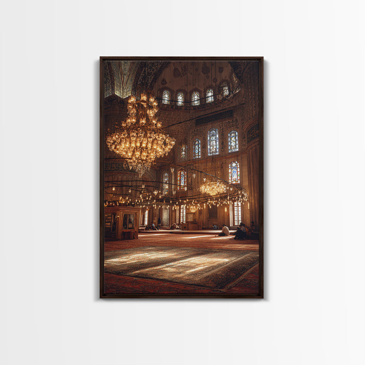 Beautiful Large Chandelier Lightning Historic Mosque Interior - Fine Art Wall Art Framed Canvas Print For Spiritual Spaces