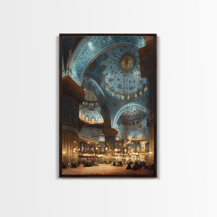 Intricate Islamic Blue Mosque Interior Wall Art Framed Canvas Print Religious Home Decor Spiritual Art Print
