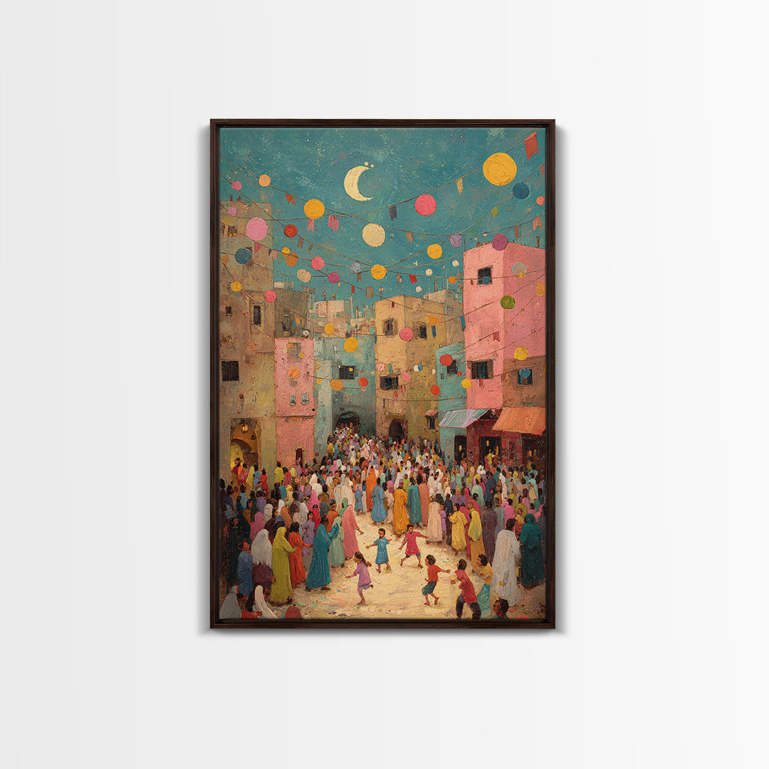 Colorful Festive Middle Eastern Street Scene With Moon And Lanterns Wall Art Framed Canvas Print