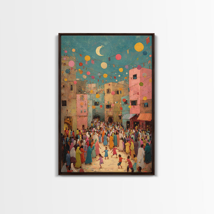 Colorful Festive Middle Eastern Street Scene With Moon And Lanterns Wall Art Framed Canvas Print