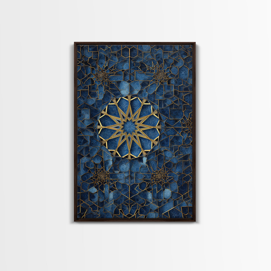 Intricate Blue And Gold Islamic Geometric Wall Art Framed Canvas Print Perfect For Modern Home Decor And Spiritual Spaces