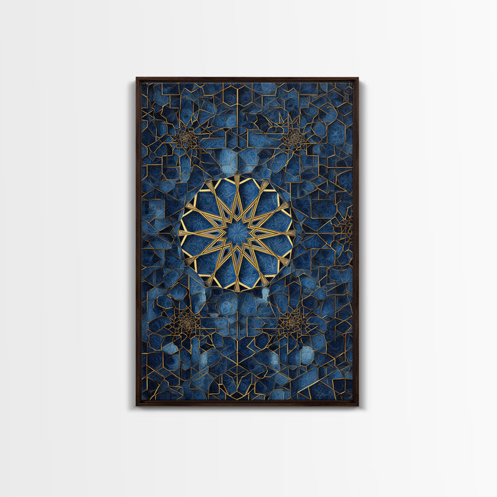 Intricate Blue And Gold Islamic Geometric Wall Art Framed Canvas Print Perfect For Modern Home Decor And Spiritual Spaces