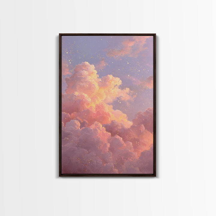 Dreamy Pink Clouds And Starry Sky Canvas Print, Celestial Wall Art, Pastel Nursery Decor, Whimsical Bedroom Art, Gift For Her