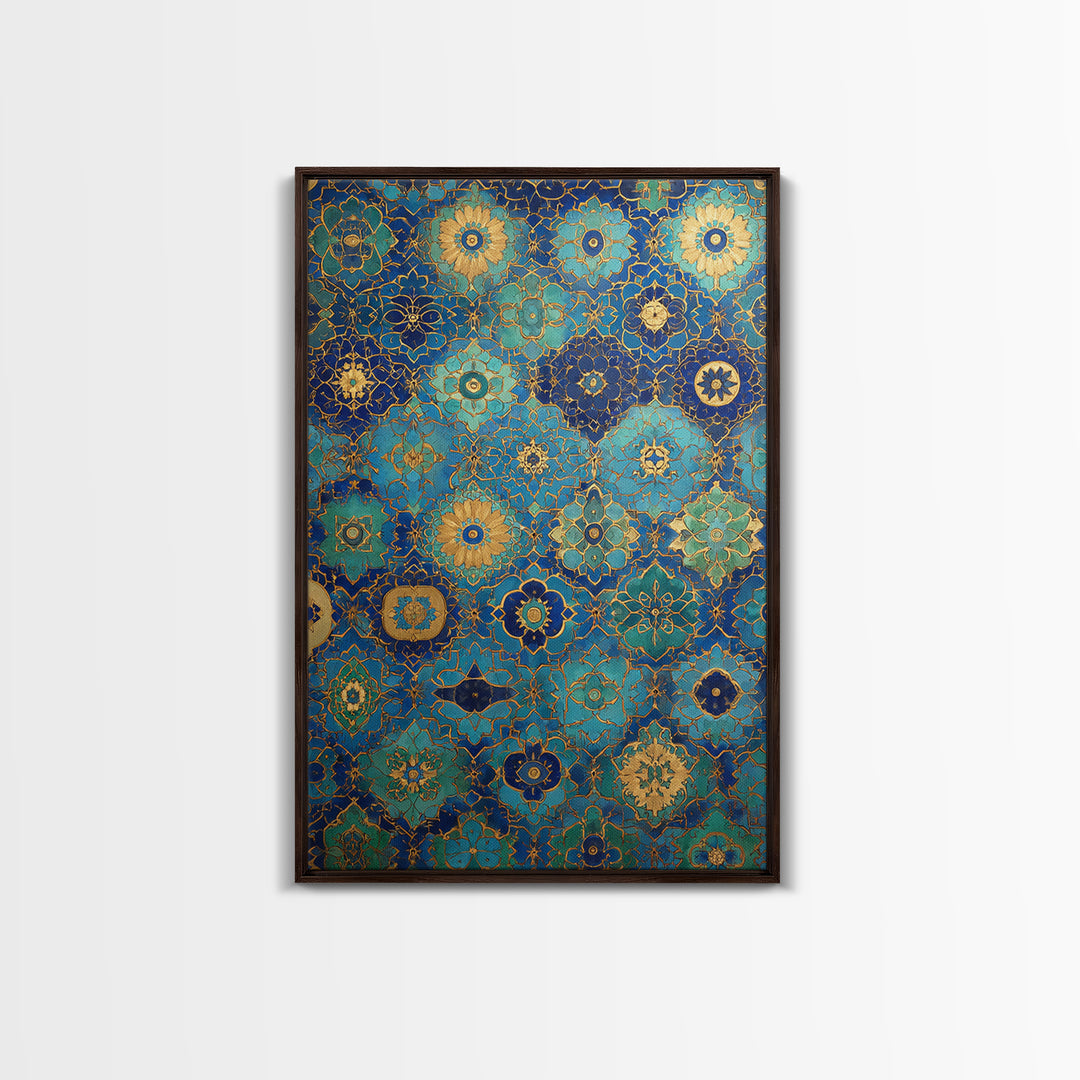 Blue And Gold Islamic Geometric Tile Art Elegant Framed Canvas Print For Traditional Home Decor Or Thoughtful Gift