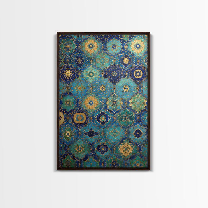 Blue And Gold Islamic Geometric Tile Art Elegant Framed Canvas Print For Traditional Home Decor Or Thoughtful Gift