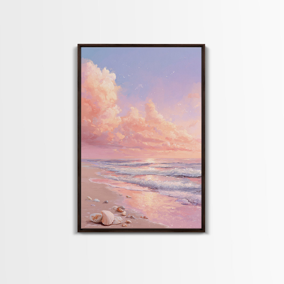 Pastel Ocean Sunrise With Seashells Canvas Print, Coastal Wall Art, Beach House Decor, Seascape Painting, Gift For Her, Home Decor