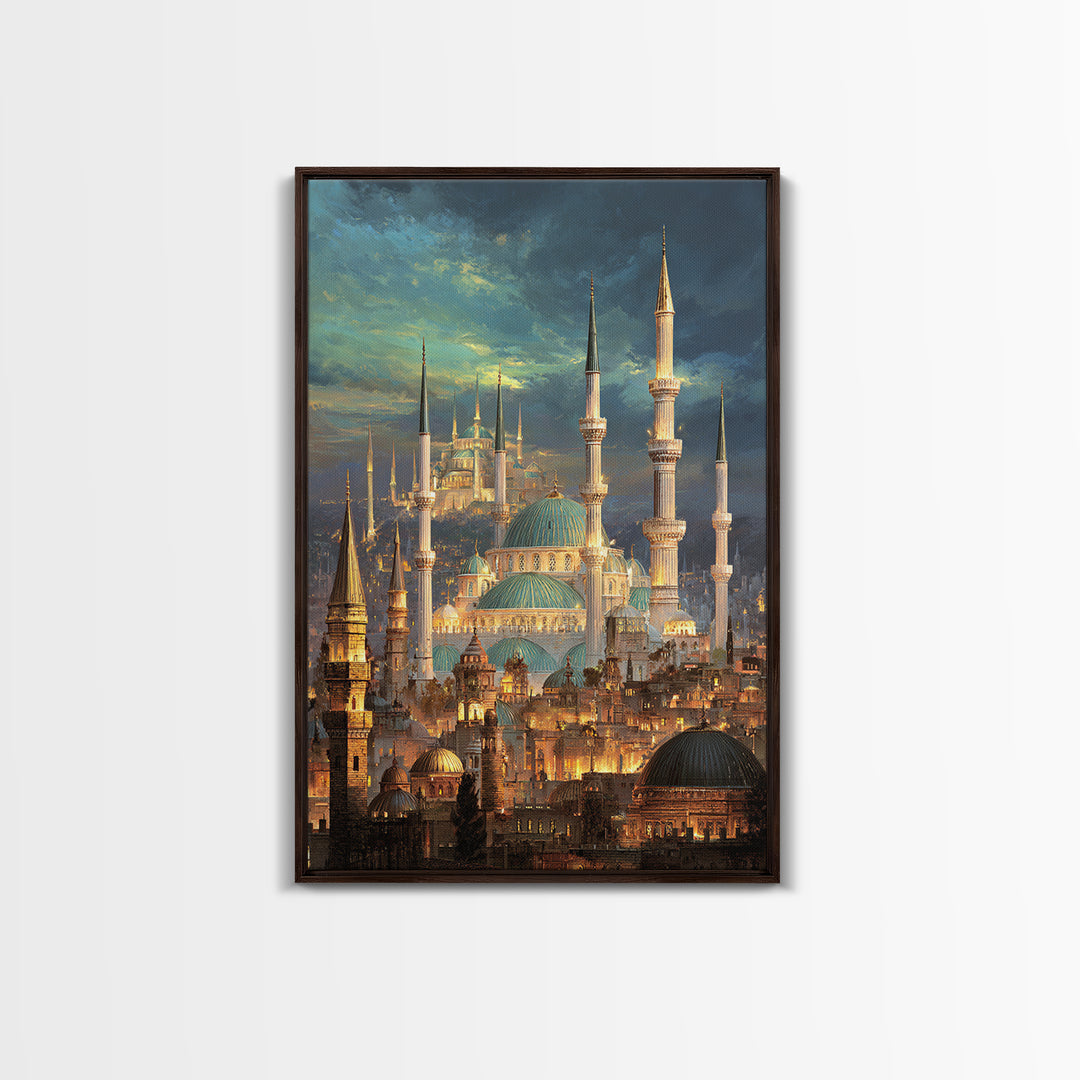 Elegant Cityscape Painting Of Historic Minarets And Domes With Glowing Lights At Dusk Wall Art Canvas Print