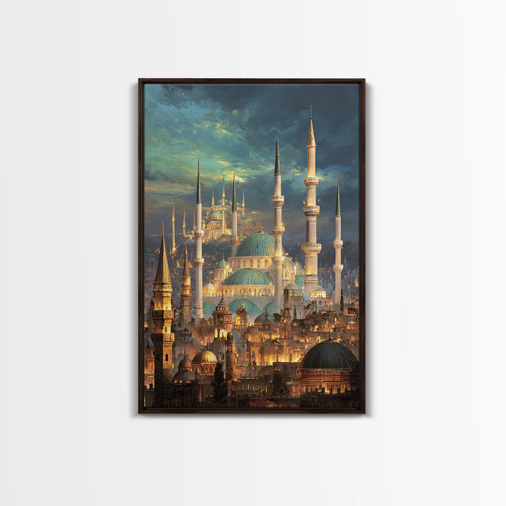 Elegant Cityscape Painting Of Historic Minarets And Domes With Glowing Lights At Dusk Wall Art Canvas Print