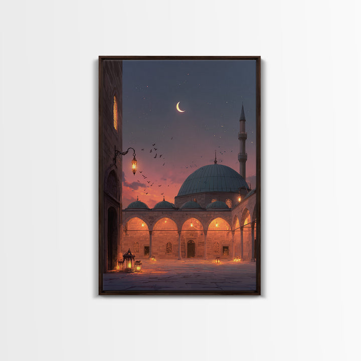 Magical Mosque Courtyard At Dusk With Lanterns And Crescent Moon Vibrant Islamic Wall Art Framed Canvas Print