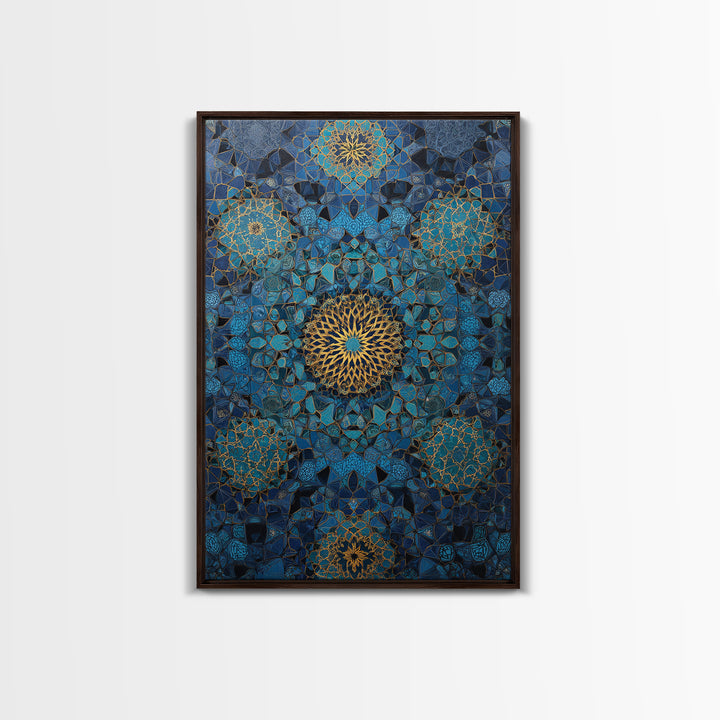 Intricate Blue And Gold Islamic Geometric Pattern Wall Art Framed Canvas Print For Modern Home Decor