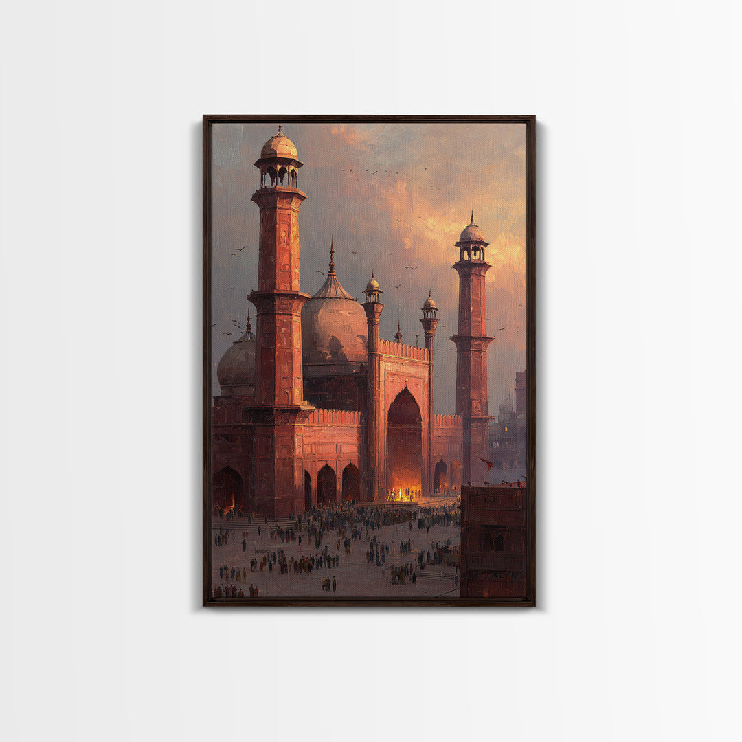 Historic Red Mosque Sunset Scene With Crowds And Birds Captured In Beautiful Oil Painting Wall Art