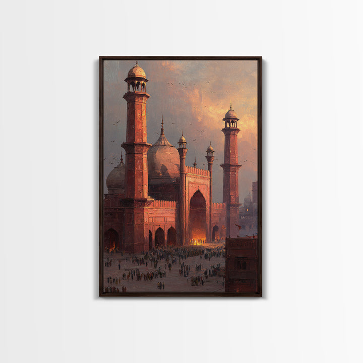 Historic Red Mosque Sunset Scene With Crowds And Birds Captured In Beautiful Oil Painting Wall Art