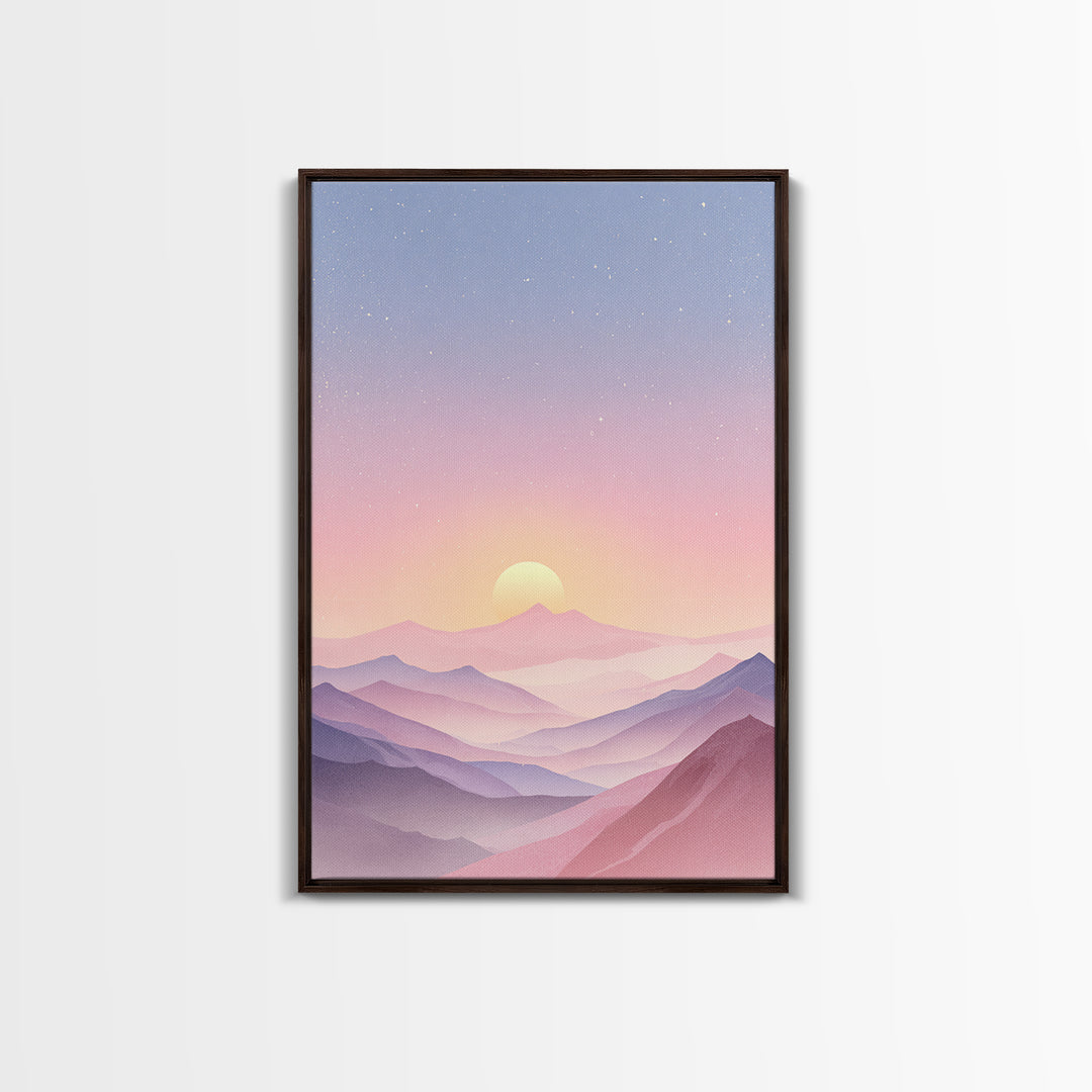Pastel Mountain Sunrise Under Starry Sky Wall Art, Minimalist Landscape Print, Calming Bedroom Decor, Modern Home Decor, Gift