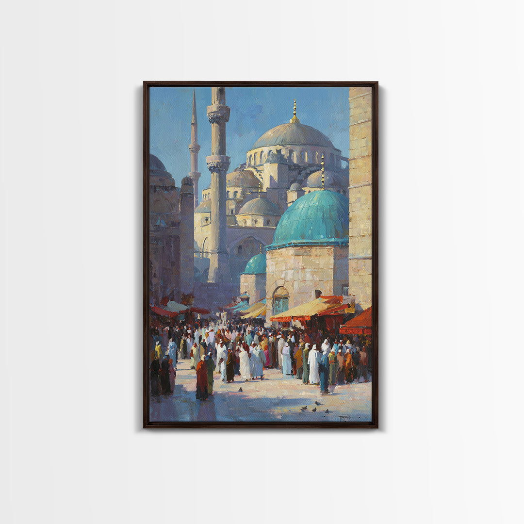 Islamic Architecture Mosque At Night Under Starry Sky With Reflective Marble Floor Wall Art Framed Canvas Print For Spiritual Decor