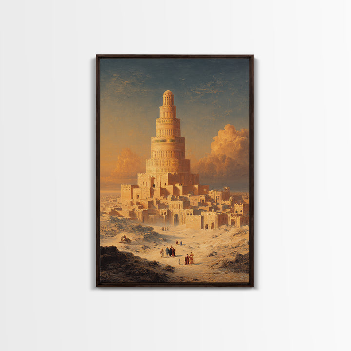 Majestic Ancient Tower With People And Sunset Sky Painting Wall Art Framed Canvas Print For Home Decor