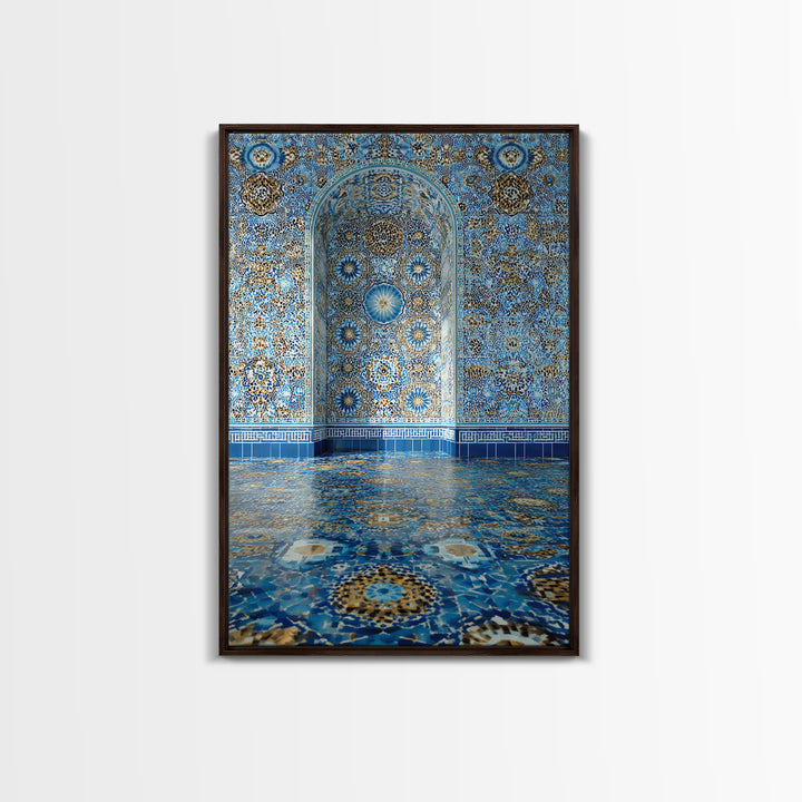 Intricate Islamic Tile Pattern Blue And Gold Wall Art Framed Canvas Print Featuring Elegant Cultural Home Decor Or Gift