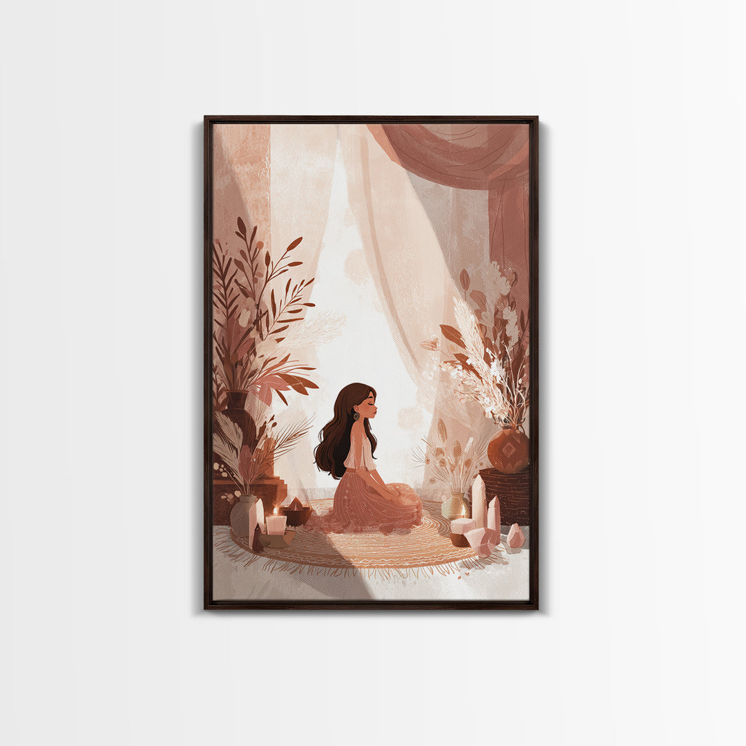 Boho Meditation Girl With Crystals And Pampas Framed Canvas Print, Yoga Studio Wall Art, Spiritual Decor, Boho Home Decor Gift