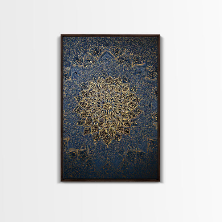 Intricate Blue And Gold Islamic Mandala Wall Art With Ornate Patterns Framed Canvas Print For Elegant Modern Home Decor