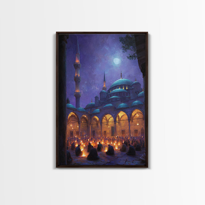 Starry Night Prayer Scene With Glowing Lamps And Mesmerizing Night Sky In Traditional Islamic Architecture Wall Art